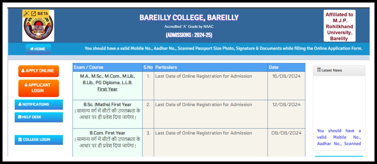 Bareilly College Admission 2024-25 Last Date