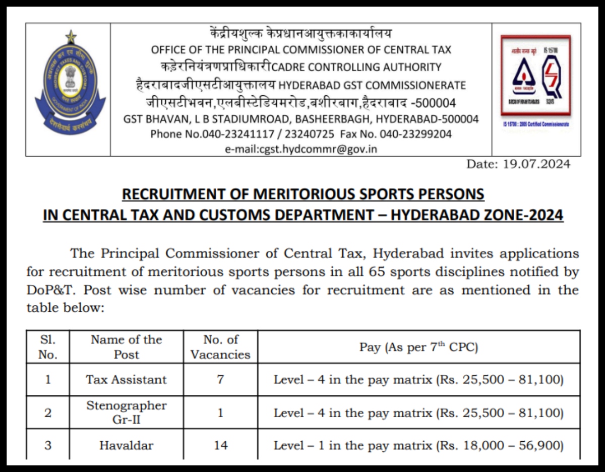 CGST Sports Quota Vacancies