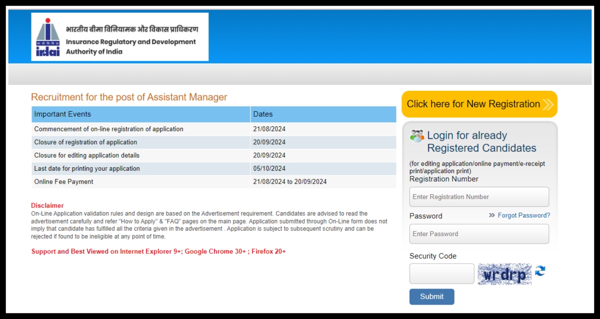 IRDAI Assistant Manager Application 2024