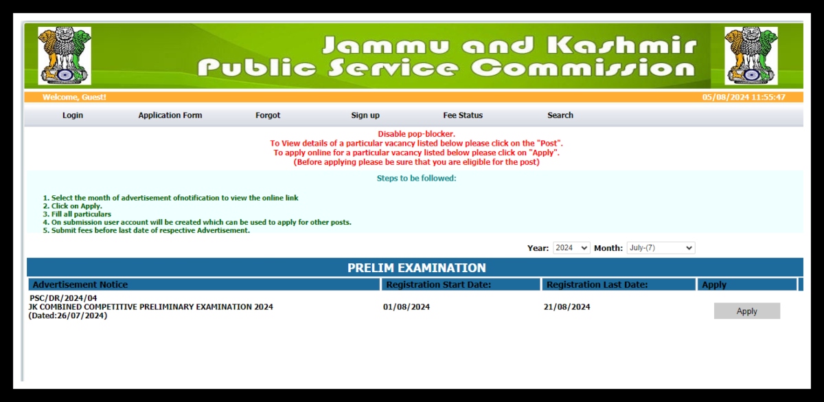 JKPSC CCE Prelims Application 2024