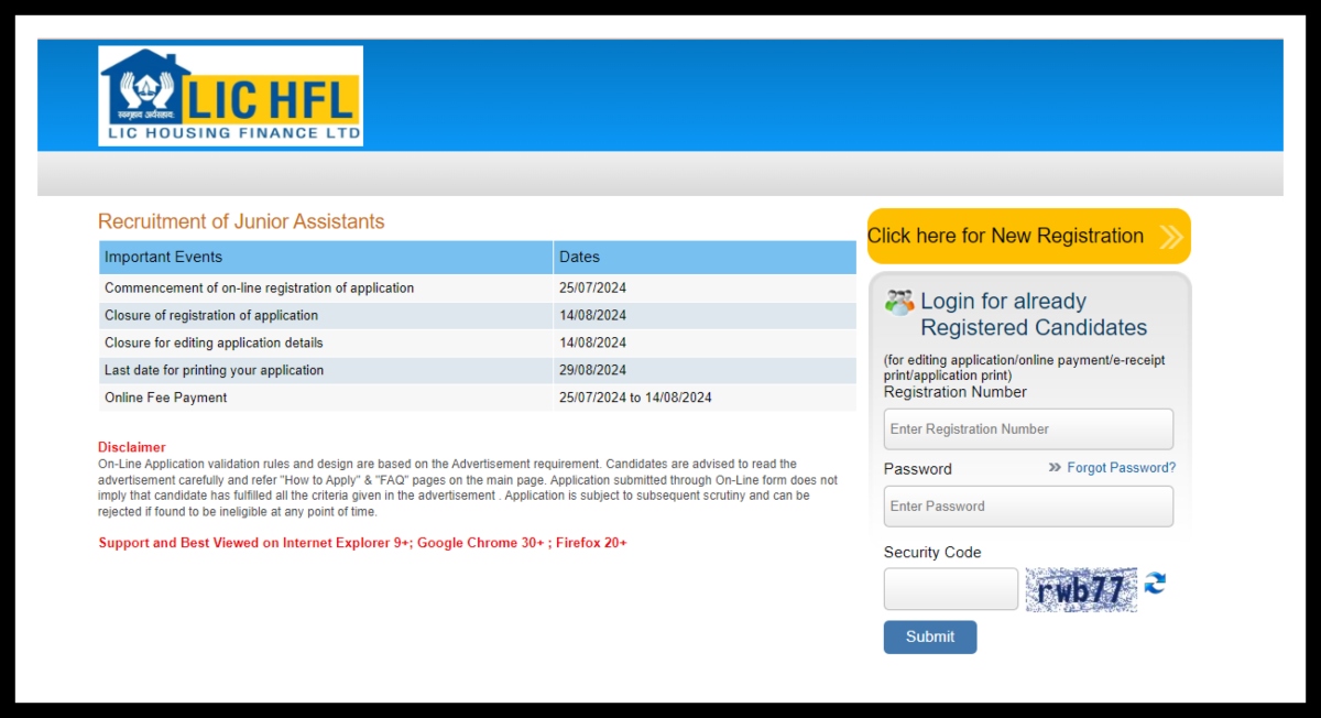 LIC HFL Junior Assistant Recruitment portal