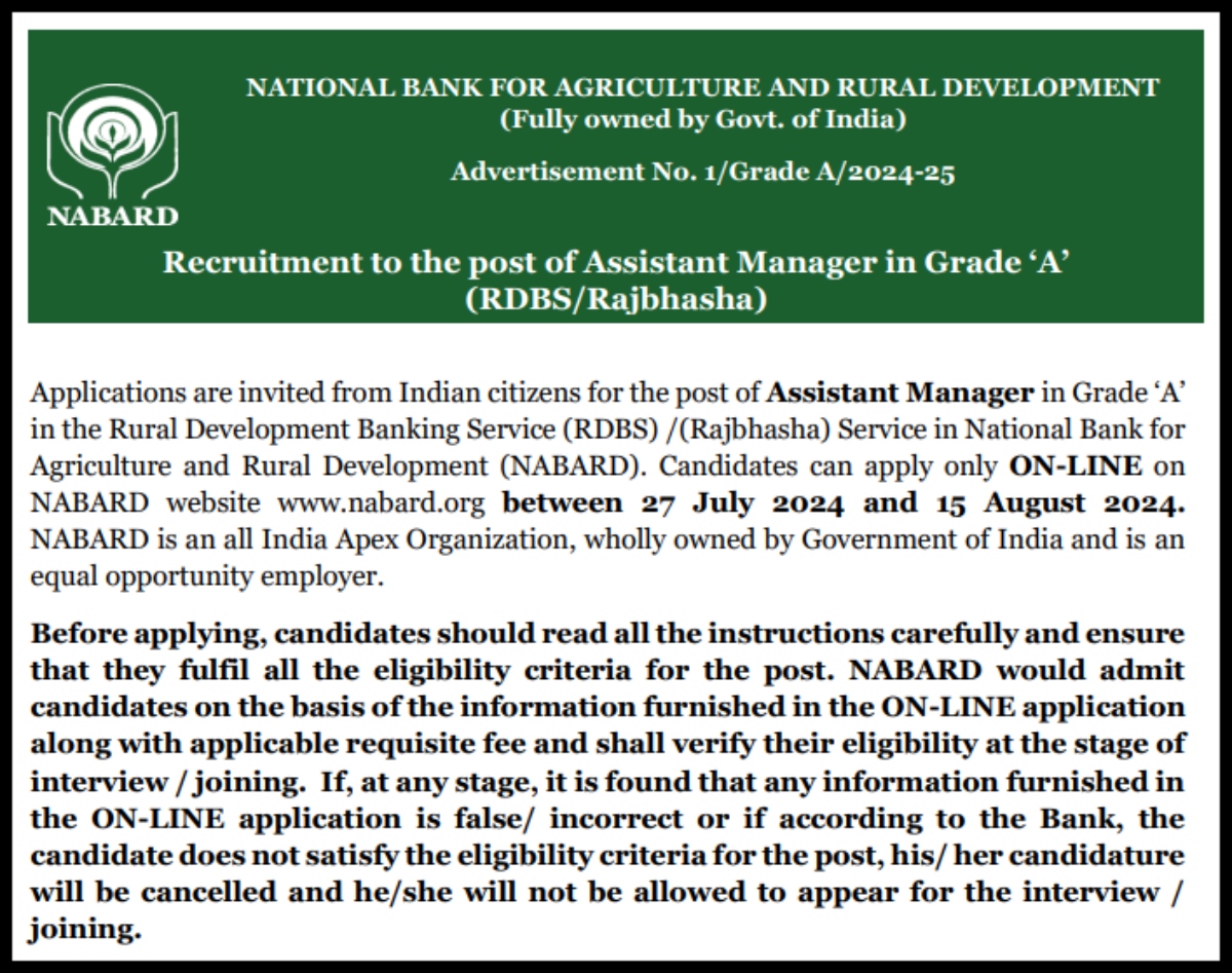 NABARD Grade A Assistant Manager Recruitment 2024