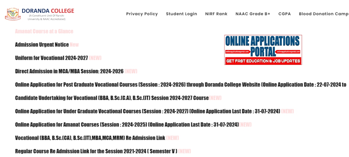 Doranda College Of Arts & Science Merit List 2024-25